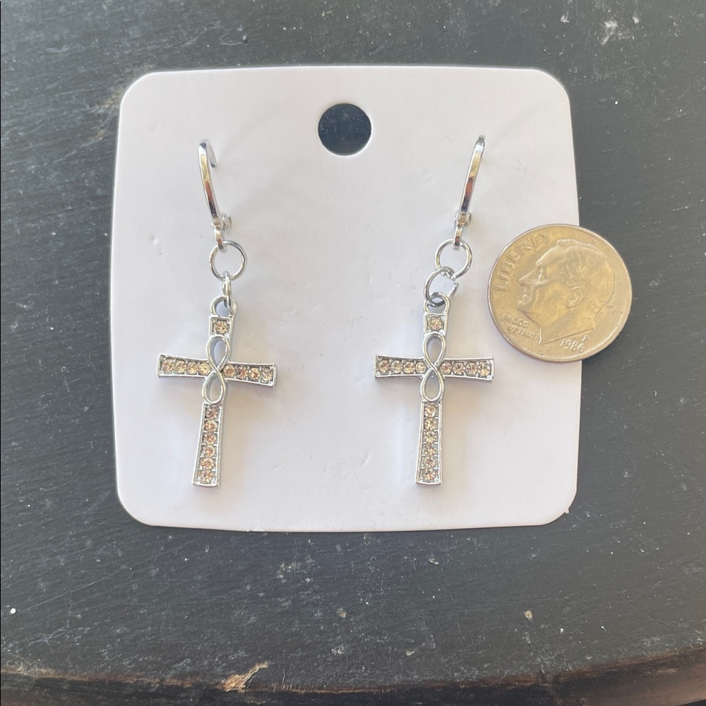 Silver Crystal Cross Dangle Earrings - Women Jewelry